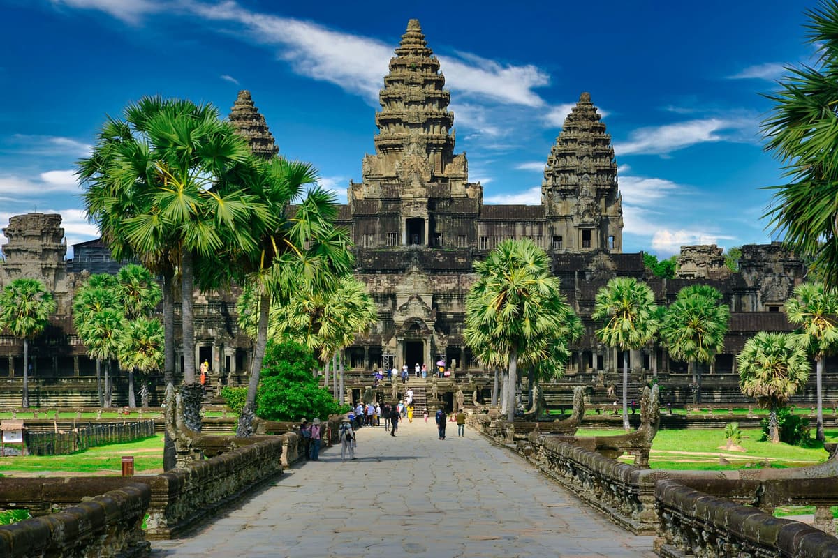 The towers of Angkor Wat seen from the western causeway