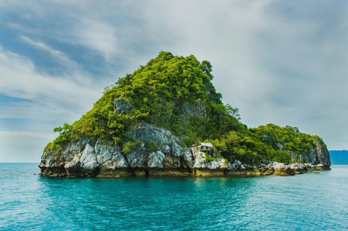 A small forested island in clear turquoise water