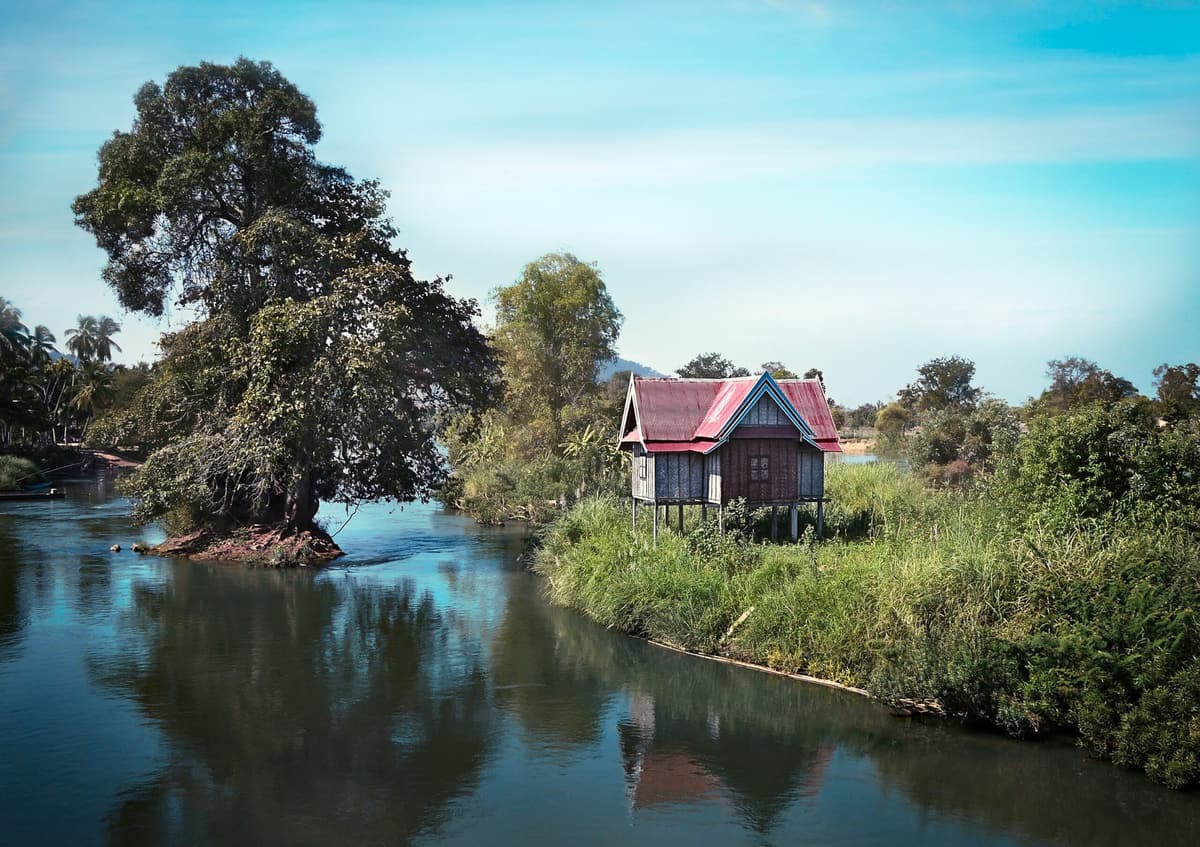 Une maison en bois au bord d’un lac immobile, entouré d’arbres