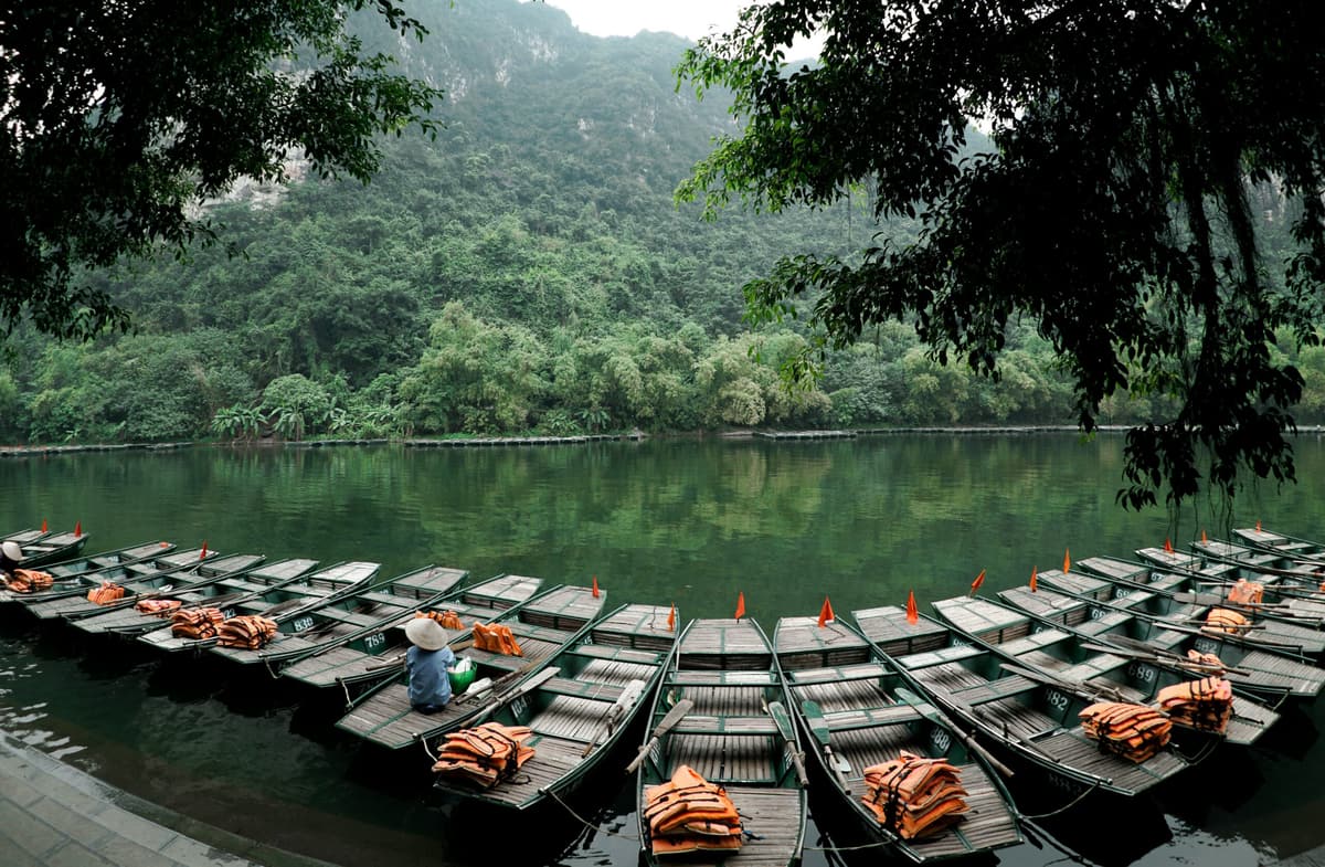 Rowing boats lined up at the river landing in Tam Coc